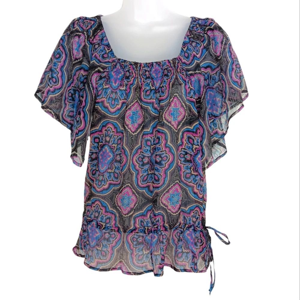 RUE21 Women’s Ultra Sheer Multicolor Paisley Blouse Large Y2K Boho